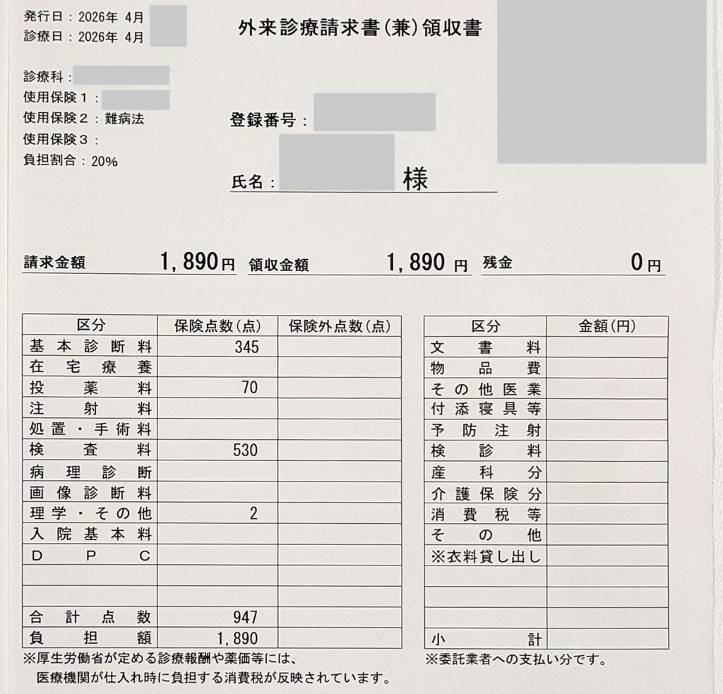 腹部エコー検査の領収書の写真